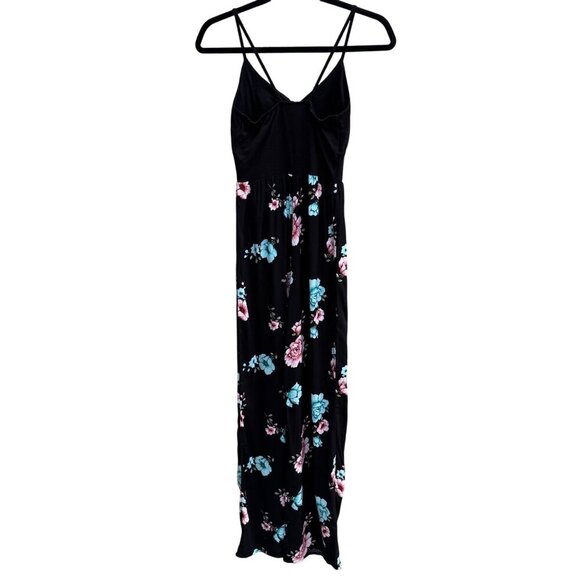 Y2K Black Floral Festival Sleeveless Spaghetti Straps Knot Detail Flowy Jumpsuit - Picture 1 of 7